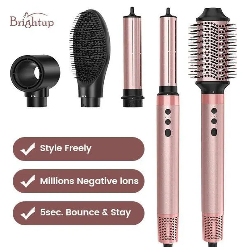 Brightup 5 in 1 Air Styler Automatic Hair Curling Iron with Detachable Brush Head, Blow-Dry,Straightening Wrap Negative Ions Ergonomic Rose Gold(Advanced Custom) Holiday Gift