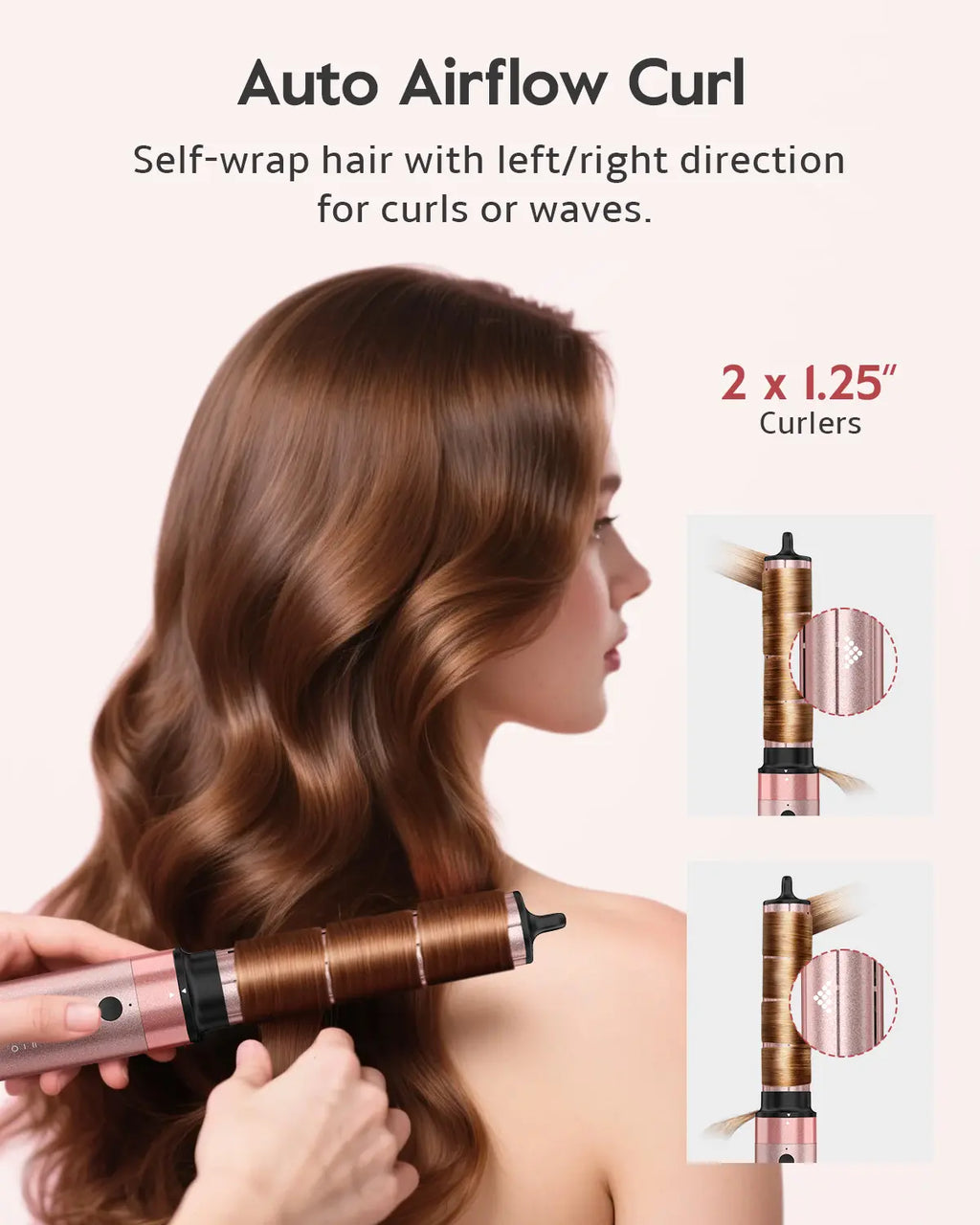 Brightup 5 in 1 Air Styler Automatic Hair Curling Iron with Detachable Brush Head, Blow-Dry,Straightening Wrap Negative Ions Ergonomic Rose Gold(Advanced Custom) Holiday Gift