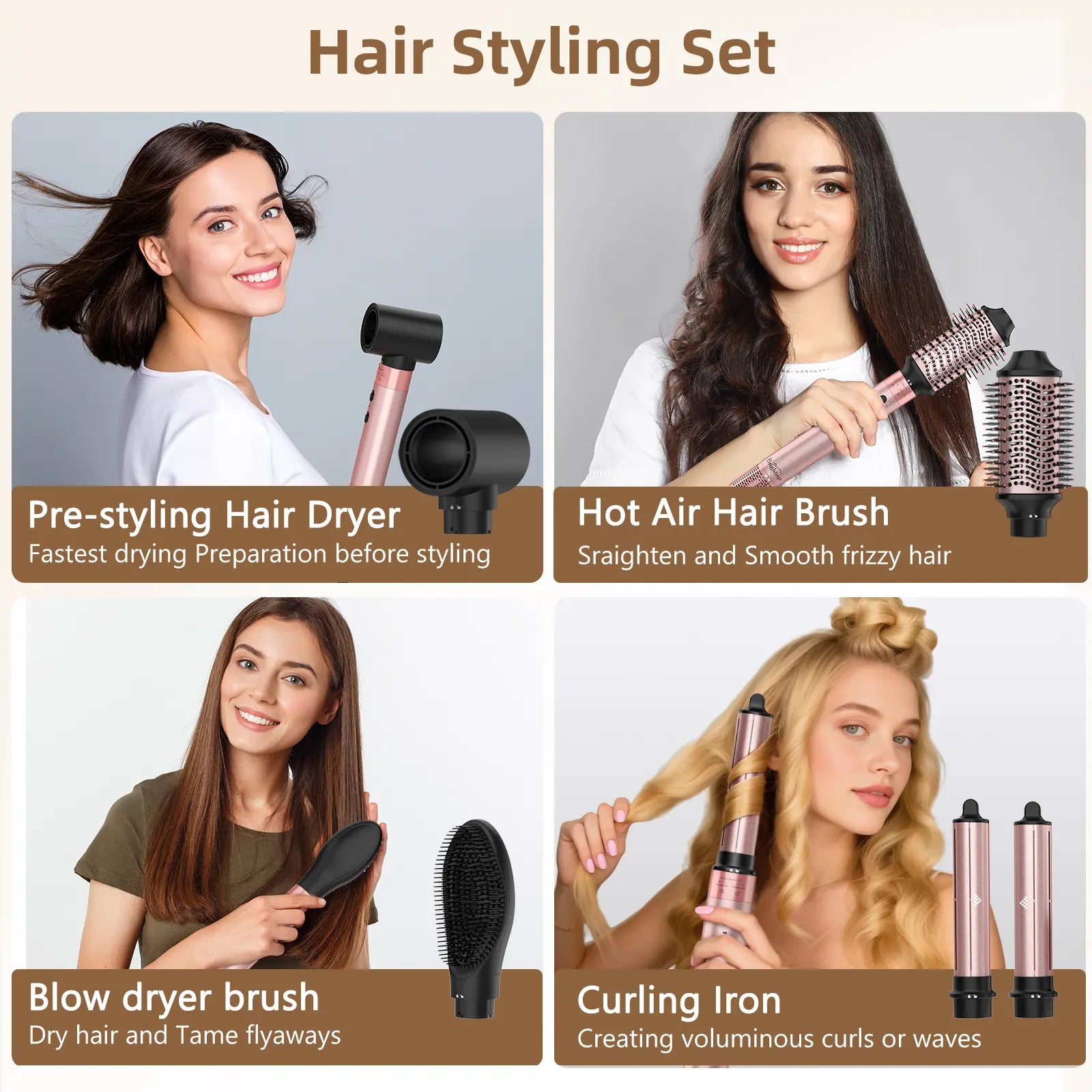 Brightup 5 in 1 Air Styler Automatic Hair Curling Iron with Detachable Brush Head, Blow-Dry,Straightening Wrap Negative Ions Ergonomic Rose Gold(Advanced Custom) Holiday Gift
