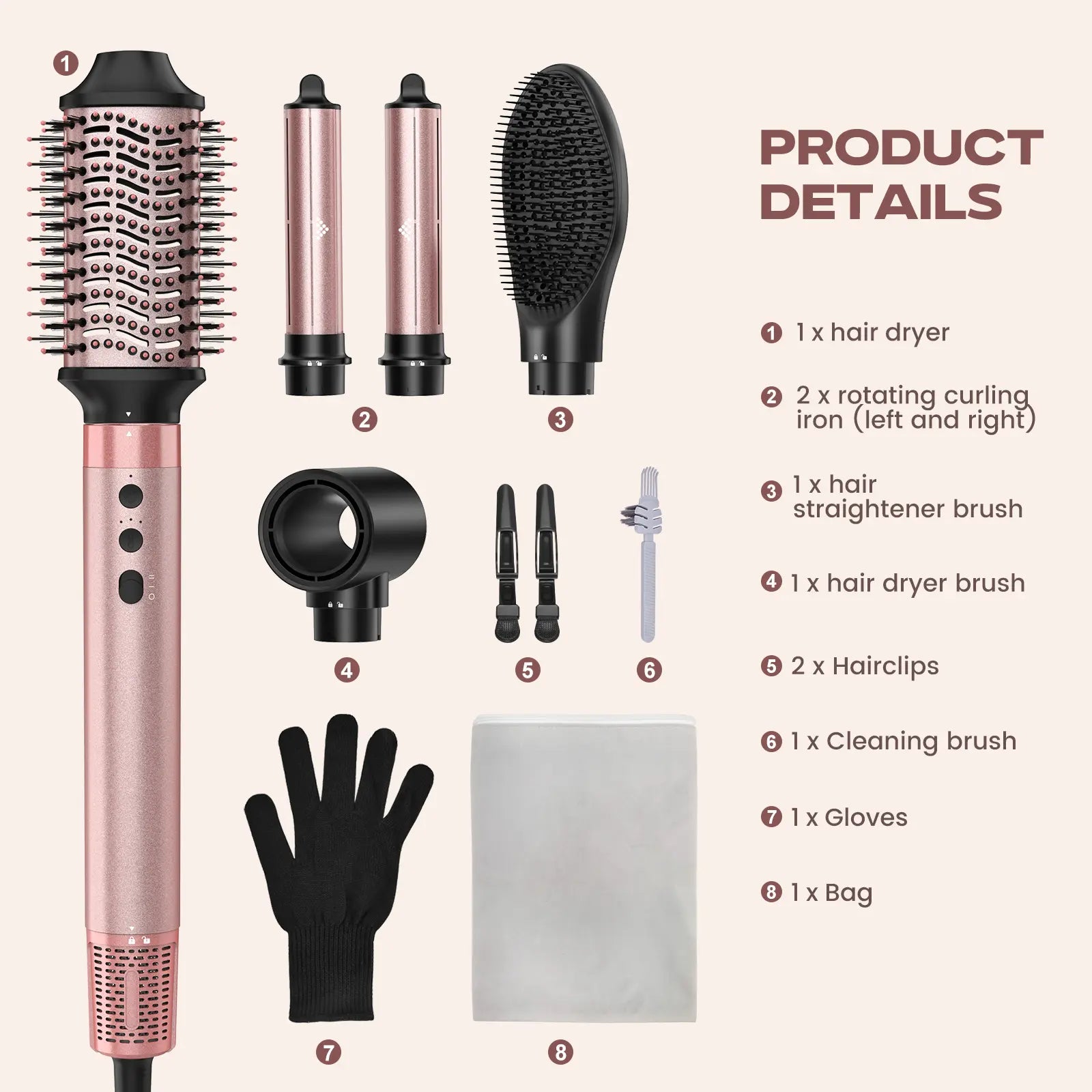 Brightup 5 in 1 Air Styler Automatic Hair Curling Iron with Detachable Brush Head, Blow-Dry,Straightening Wrap Negative Ions Ergonomic Rose Gold(Advanced Custom) Holiday Gift